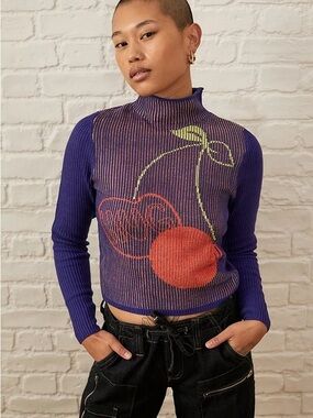 BDG Purple Mock Neck Sweater with Red Cherry Graphic